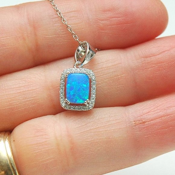 925 Sterling Silver Jewelry - Emerald Cut Opal Pendant Blue/White Opal